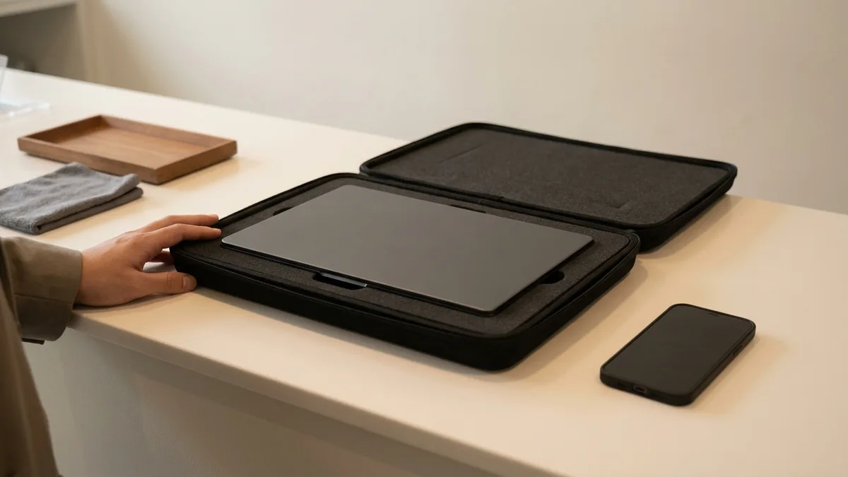 A laptop rests inside an open foam-lined carry case on a clean service counter, ready for collection, with a plain phone beside it, a folded grey cloth and a small wooden tray to one side, and a hand on the edge of the case.