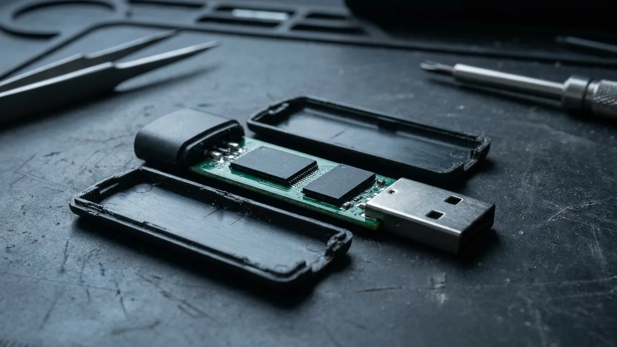 A USB flash drive taken apart on a dark scratched workbench: the two halves of its plain black plastic shell lying open on either side of the bare green circuit board, which carries two unmarked black chips and a brushed-metal USB plug at its right-hand end. Tweezers and a screwdriver lie out of focus behind it.