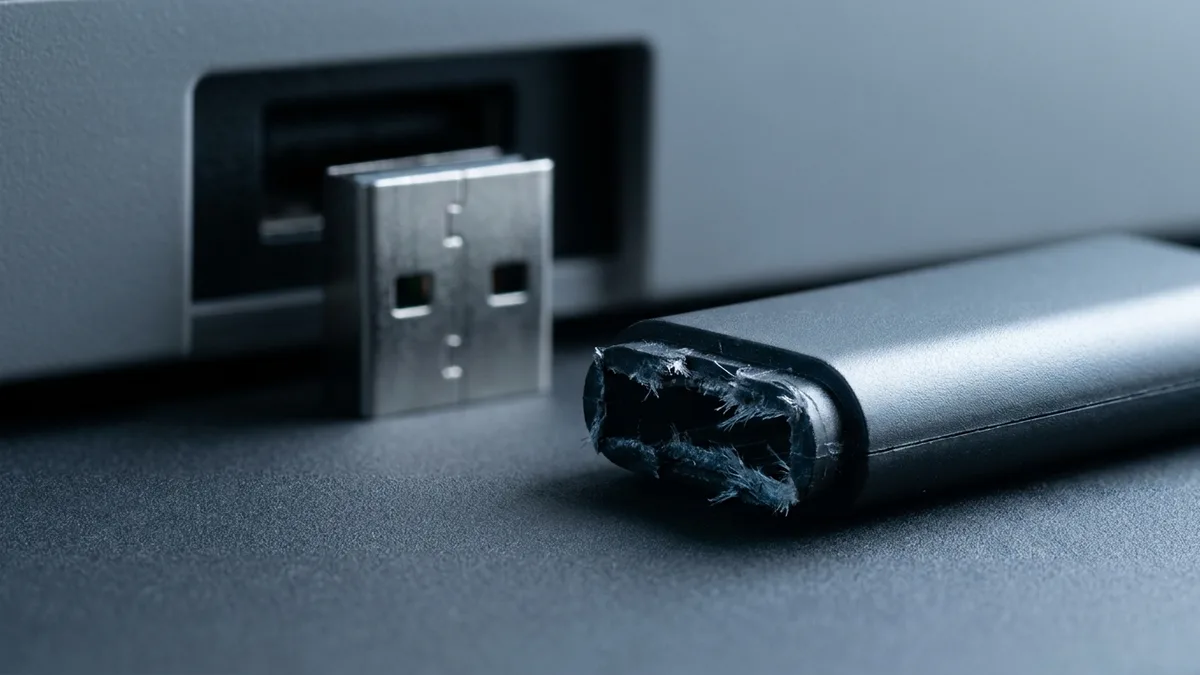 A broken USB flash drive on a dark surface: the dark body lies on its side with a ragged torn opening at one end where the plug pulled out of it, and the separated metal plug still stands in the port of a plain grey machine behind, lit from the side.