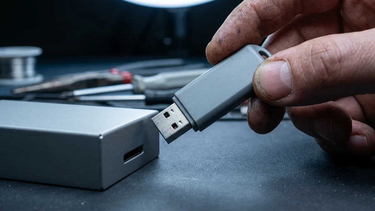One hand, entering from the right of the frame, holds a plain grey USB flash drive by the sides of its body and brings its metal plug towards the port of an unmarked aluminium box on a workbench. Hand tools and a solder reel sit out of focus behind, under a task lamp.