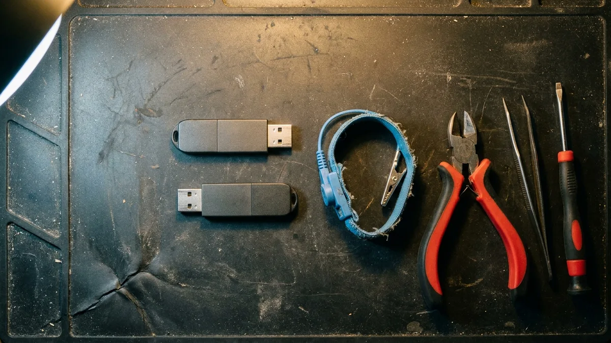 Looking straight down at a worn, dusty black antistatic mat that fills the frame: two unmarked USB flash drives lie side by side with their plugs out, next to a blue coiled antistatic wrist strap with a frayed fabric band, a pair of red-handled cutters, fine tweezers and a small screwdriver.