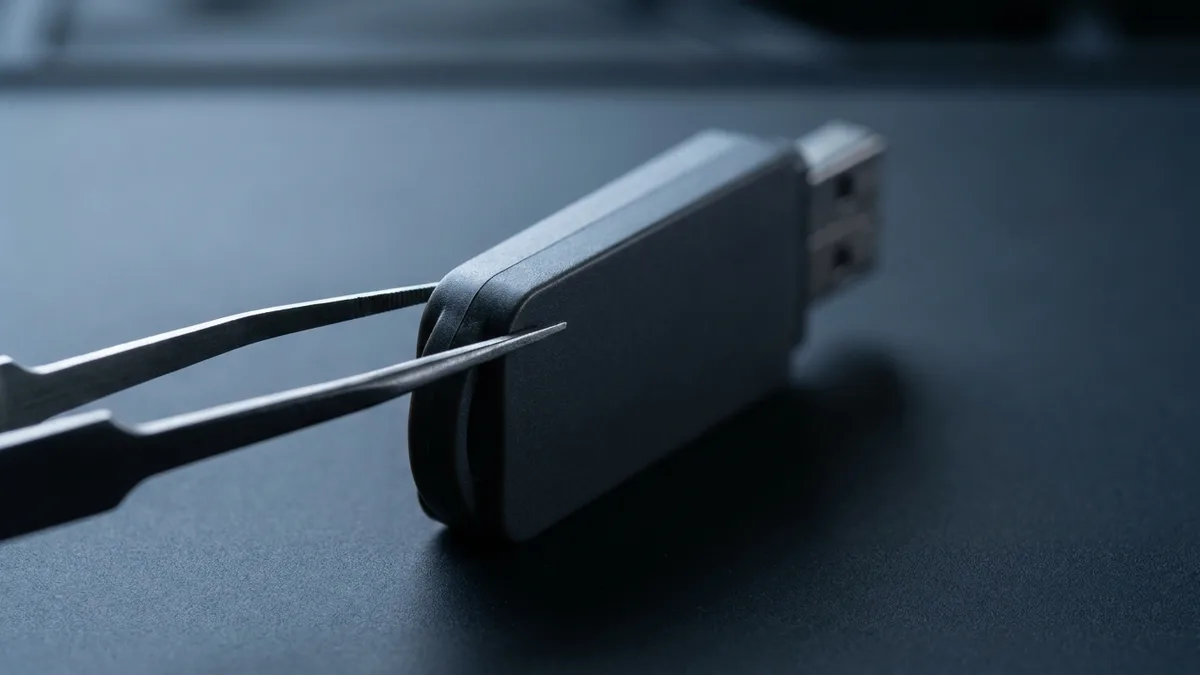 A single unmarked USB flash drive lying on a dark bench mat with the tips of fine antistatic tweezers resting against its near end, its metal plug pointing away into soft focus at the far end.