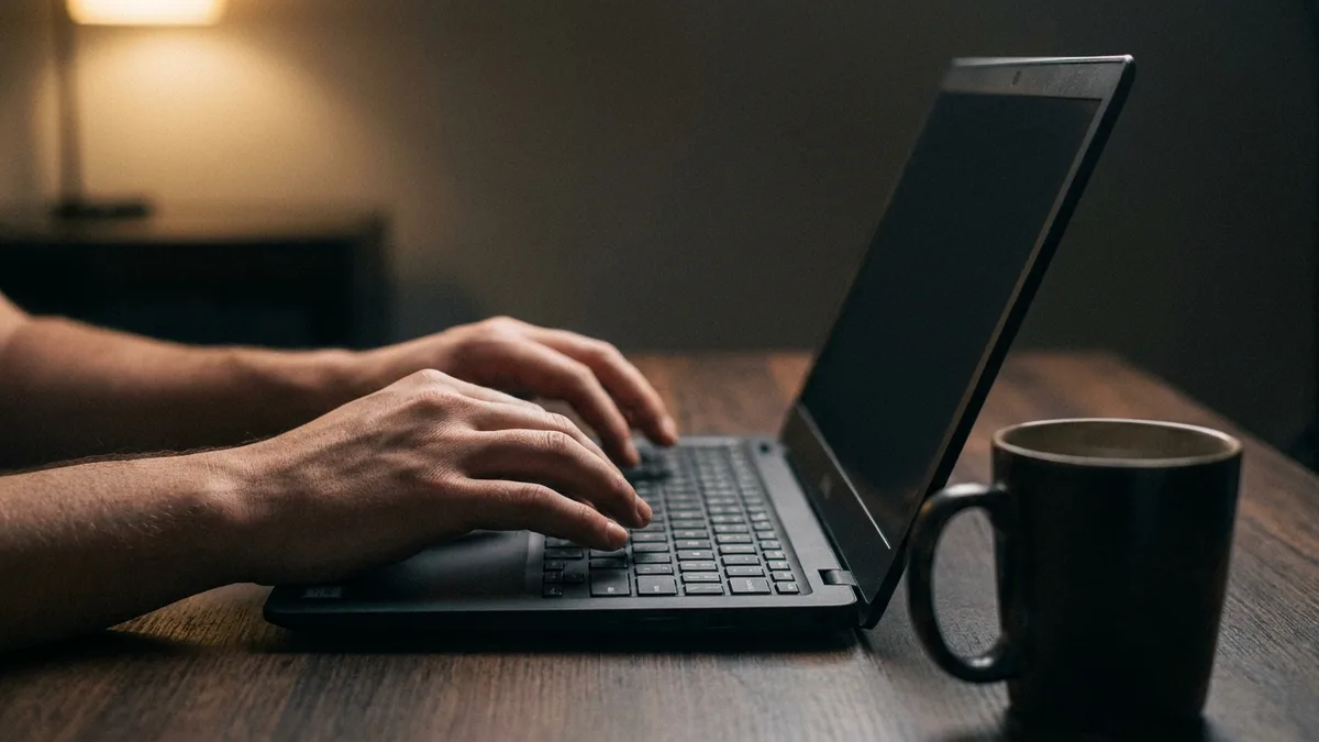 Two hands resting on the keyboard of a dark laptop in a dimly lit room, its screen blank, with a mug on the wooden desk beside it