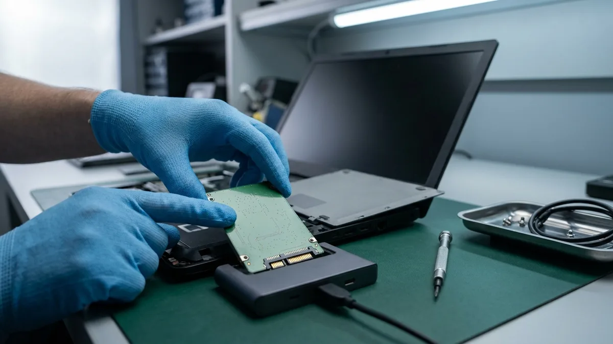 Gloved hands lifting a bare solid-state drive from an opened laptop into an external docking caddy on a repair bench