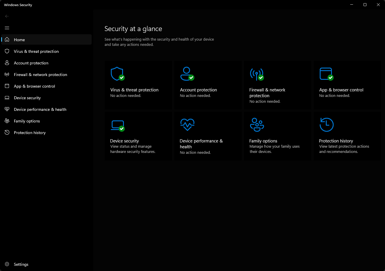 Windows 安全中心应用的 Security at a glance（安全性概览）页面截图：Virus & threat protection、Account protection、Firewall & network protection、App & browser control 和 Device security 均带有绿色对勾