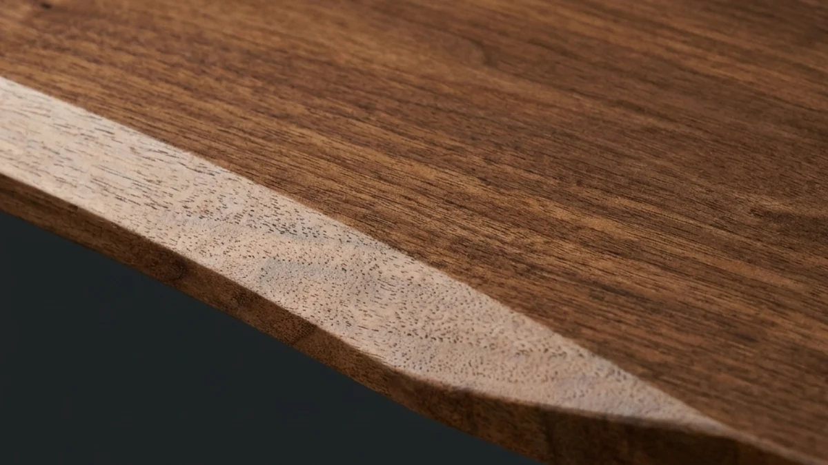 An extreme close-up of the walnut tabletop's shaped front edge, the pale sanded bevel running diagonally across the frame with the dark grain of the surface above it.