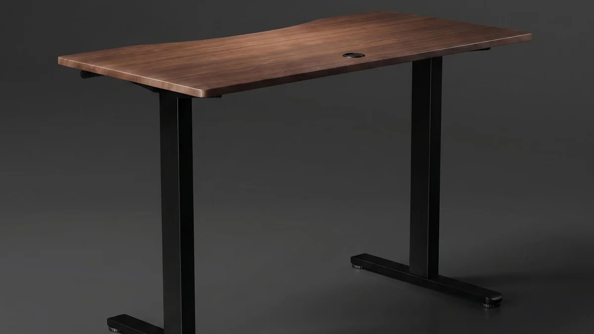 The Vival desk seen from a high angle on a dark studio background, fully assembled, its walnut top with a round cable grommet resting on the black two-column frame and both T-feet.