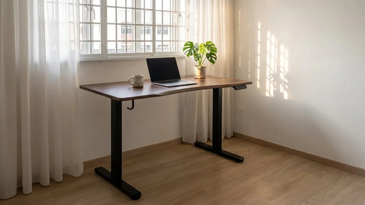 The Vival desk in a Singapore HDB room, a laptop, a speckled mug and a monstera on the walnut top, with a white-grilled casement window and a neighbouring block behind it.