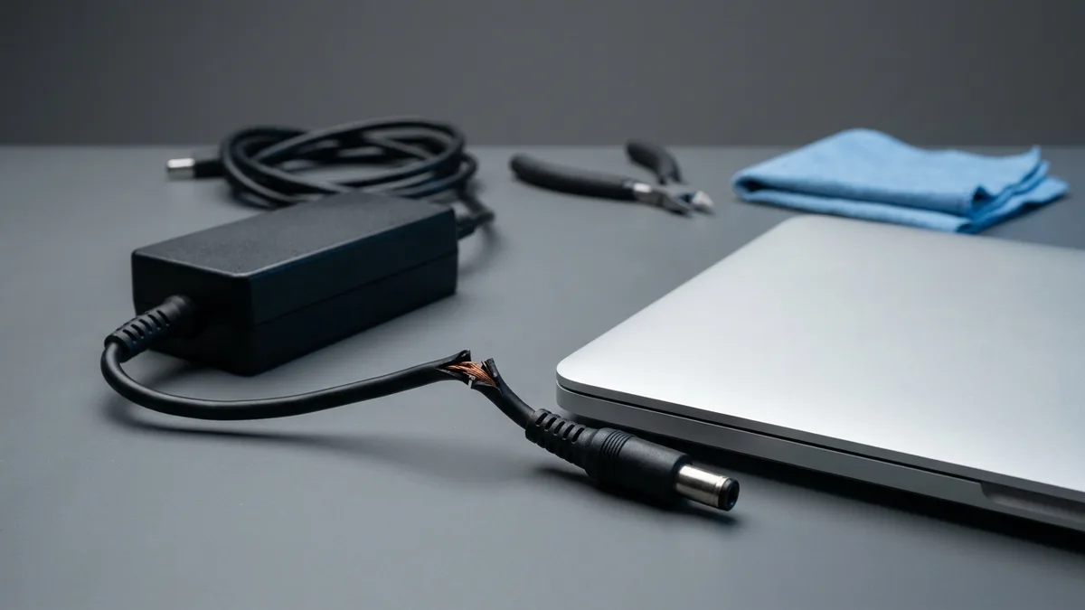 Laptop charger cable split open near the barrel plug with copper strands showing