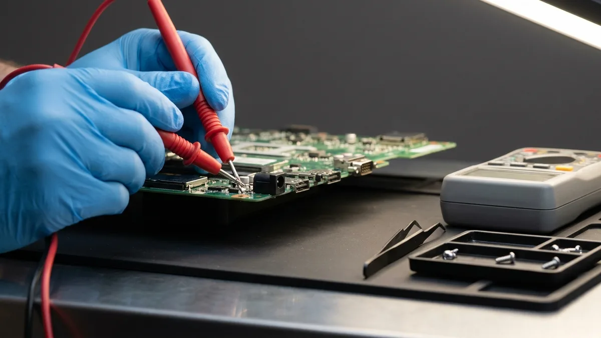 Gloved technician testing the DC power jack on a bare laptop motherboard with a multimeter probe