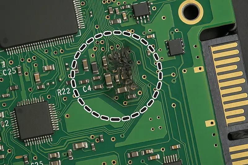 Close-up of a hard disk circuit board with a charred, short-circuited area circled in white