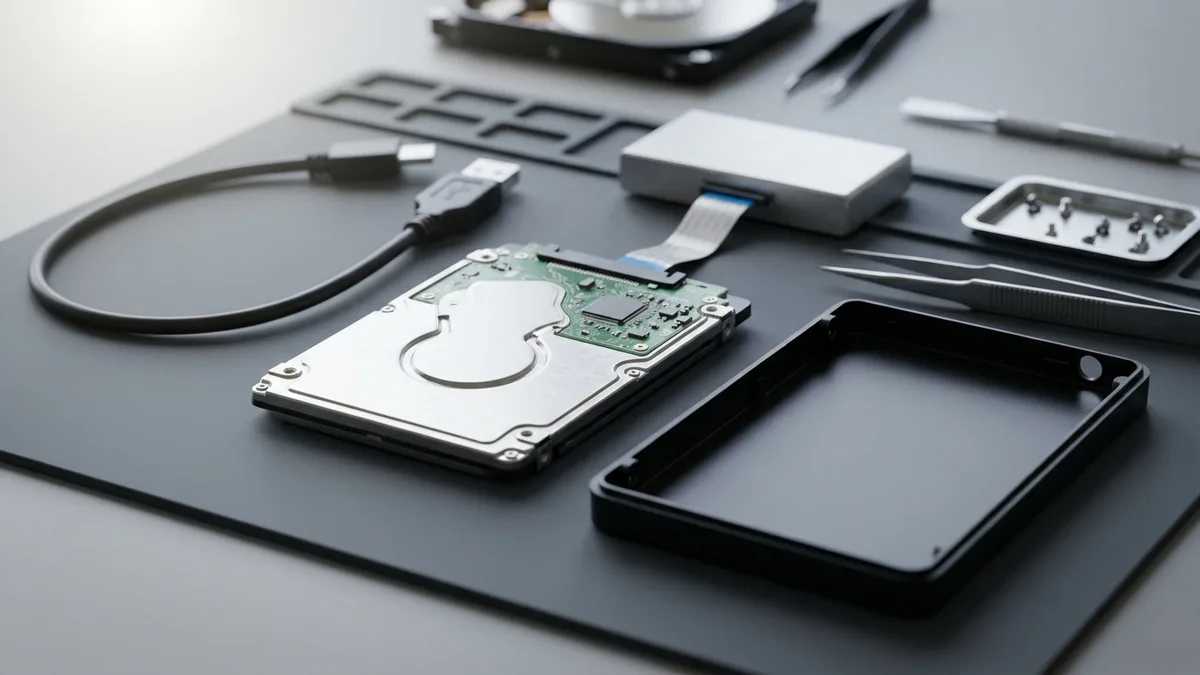 A bare hard drive standing on a dark bench mat with its black plastic enclosure shell open beside it, a silver adapter with a ribbon lead behind, plus a USB cable, tweezers, a screwdriver and a tray of screws