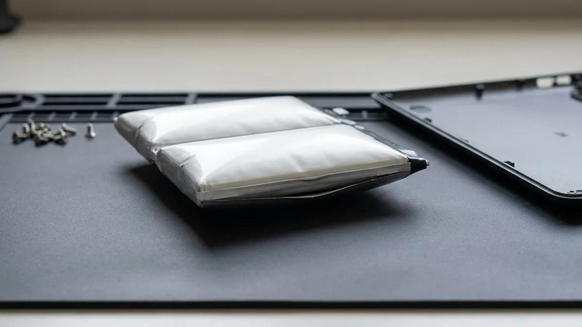 A swollen laptop battery pack domed up off the bench, no longer sitting flat