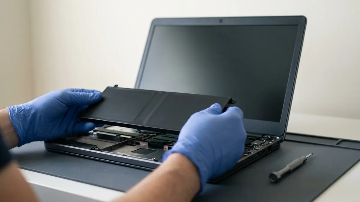 A technician in gloves lowering a flat replacement battery pack into an opened laptop