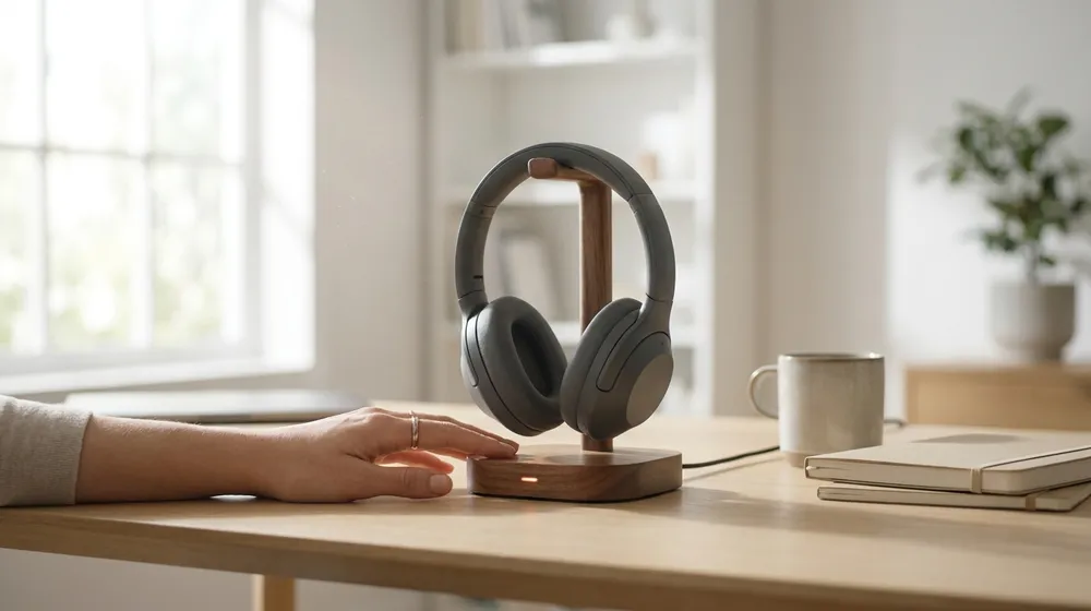 Checking a wireless headphone is charged on its charging stand
