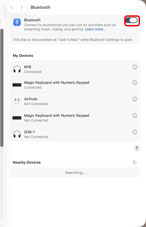 macOS System Settings Bluetooth with the Bluetooth switch highlighted