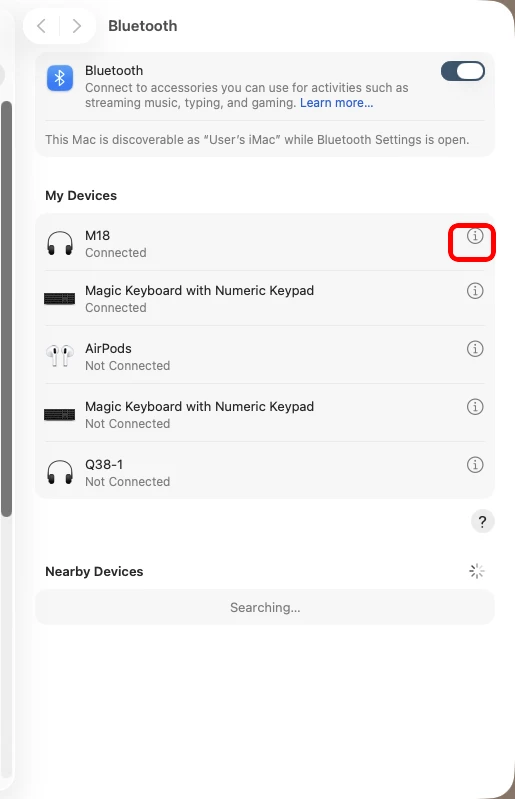 macOS Bluetooth settings with a device info button highlighted