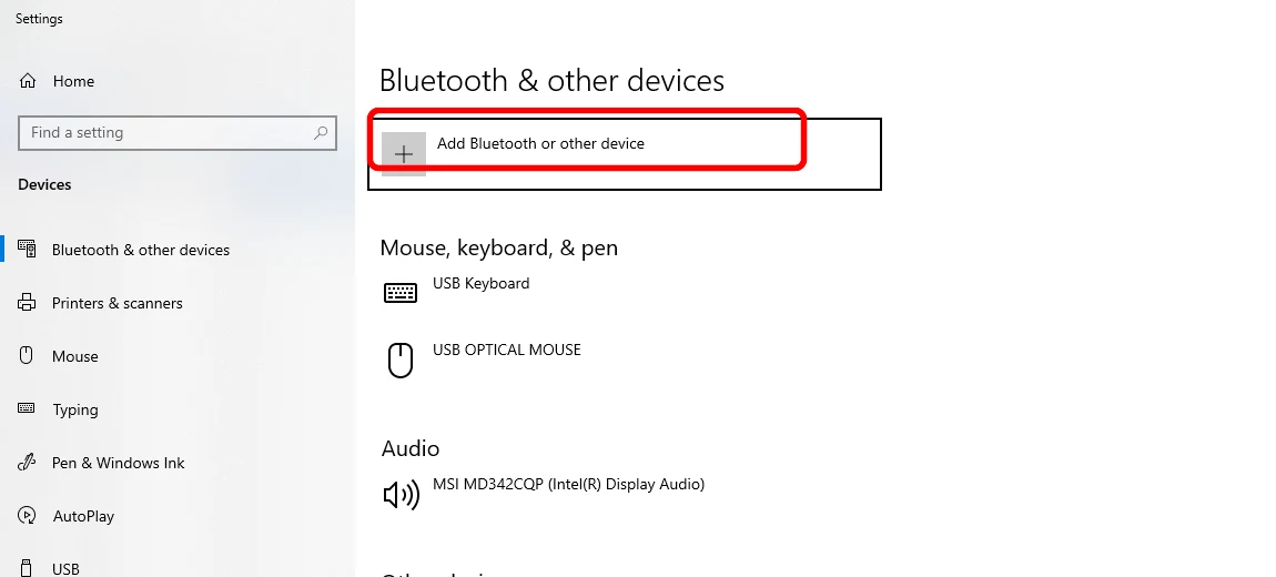 Windows 10 Bluetooth settings with Add device highlighted