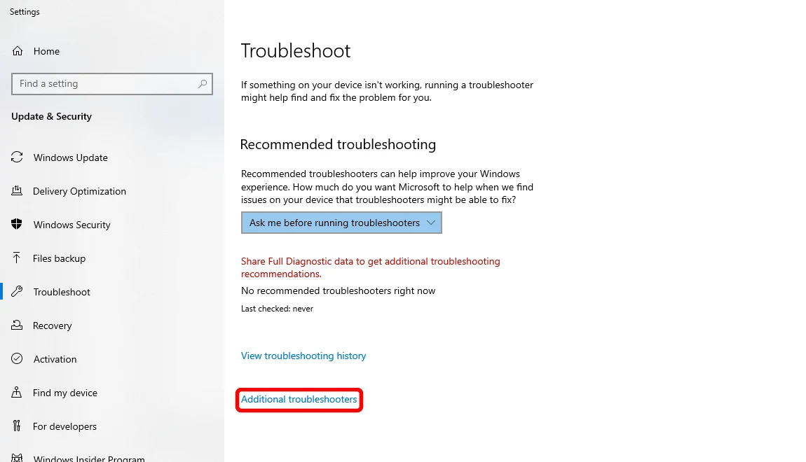 Windows 10 Troubleshoot settings with Additional troubleshooters highlighted