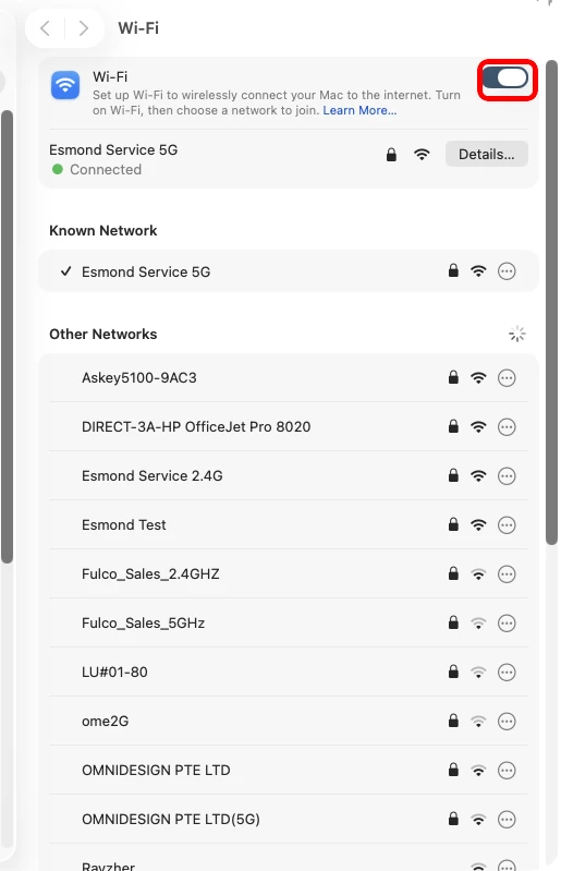 macOS System Settings Wi-Fi with the Wi-Fi switch highlighted