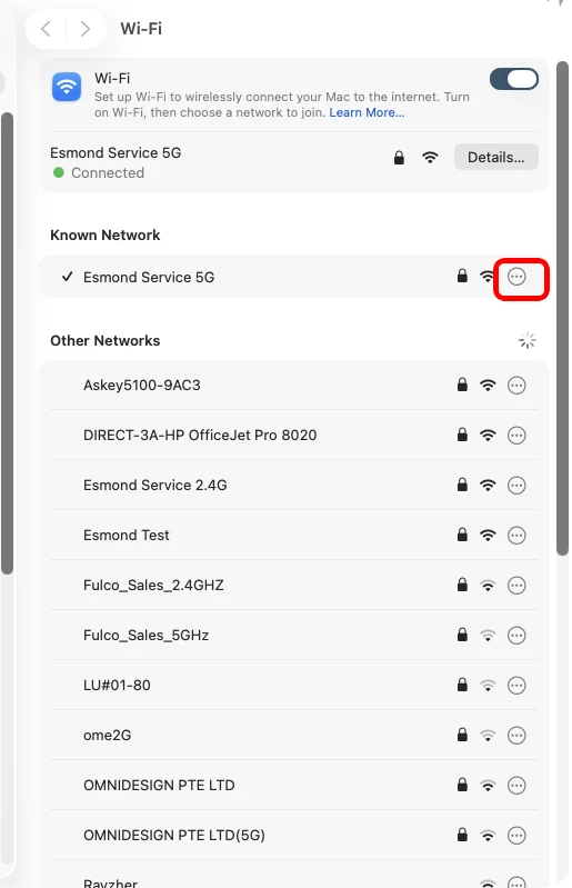 macOS Wi-Fi settings with the network options button highlighted