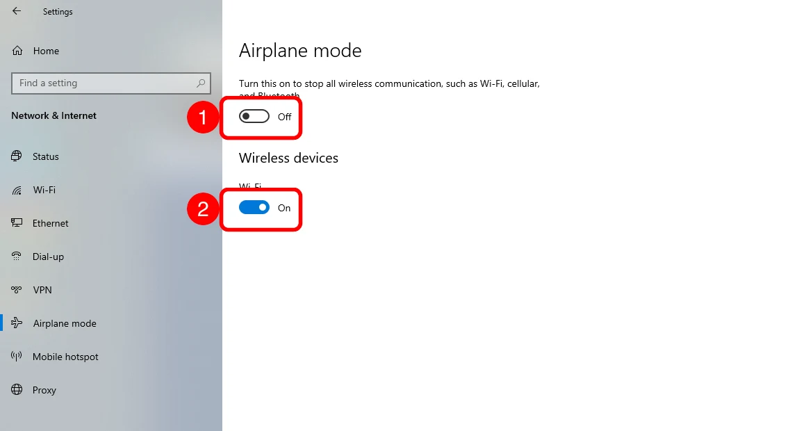 Windows 10 Settings Airplane mode page showing Airplane mode off and Wi-Fi on