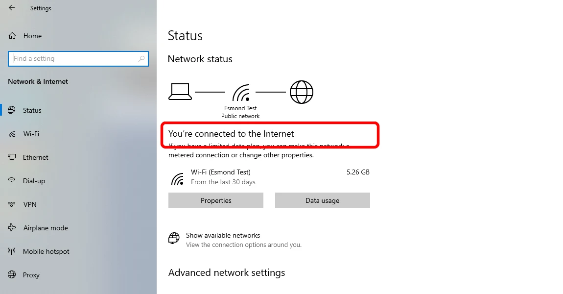 Windows 10 Network status showing connected to the internet