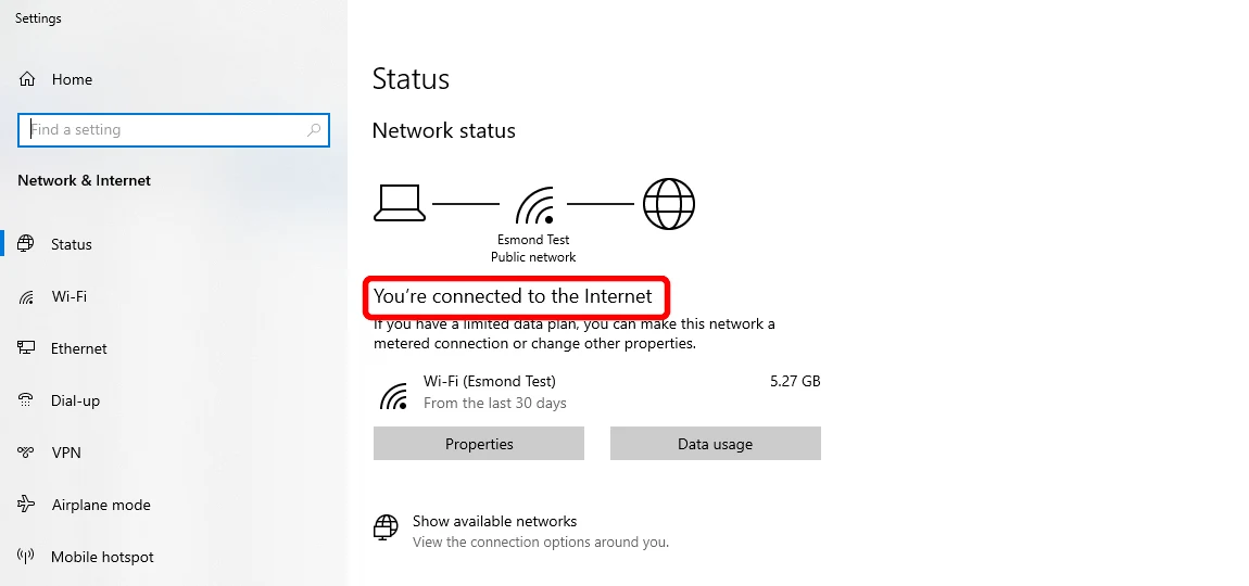 Windows 10 Network status showing connected to the internet