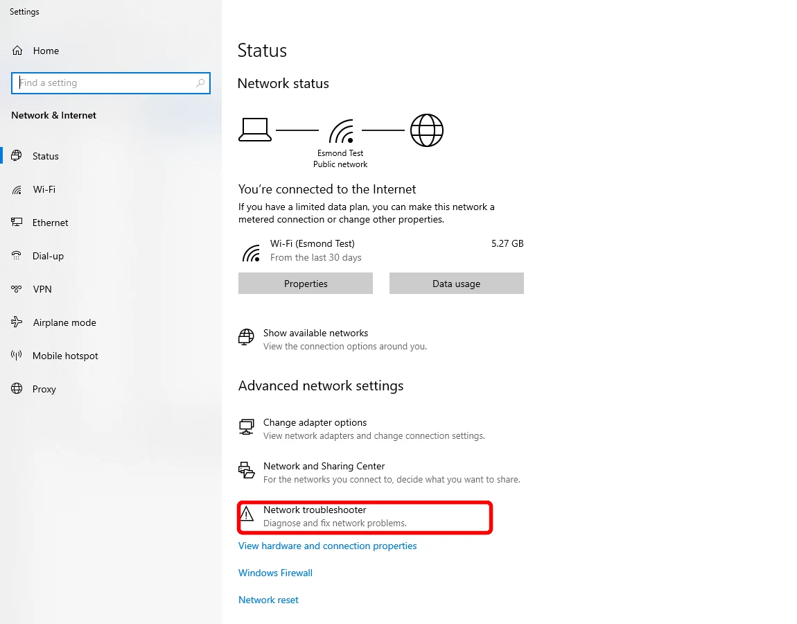 Windows 10 Status page with Network troubleshooter highlighted