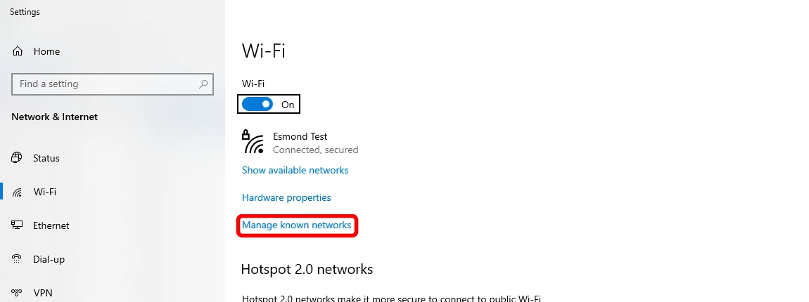 Windows 10 Wi-Fi settings with Manage known networks highlighted