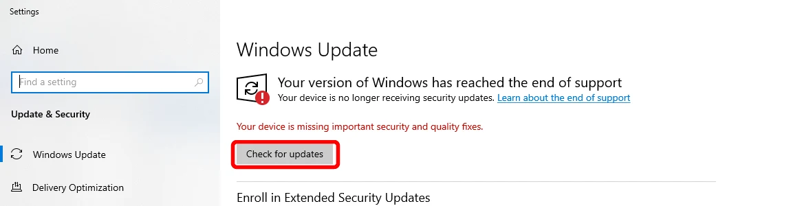 Windows 10 Windows Update with Check for updates highlighted