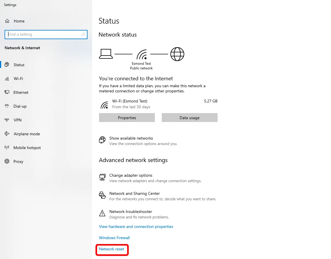 Windows 10 Status page with Network reset highlighted