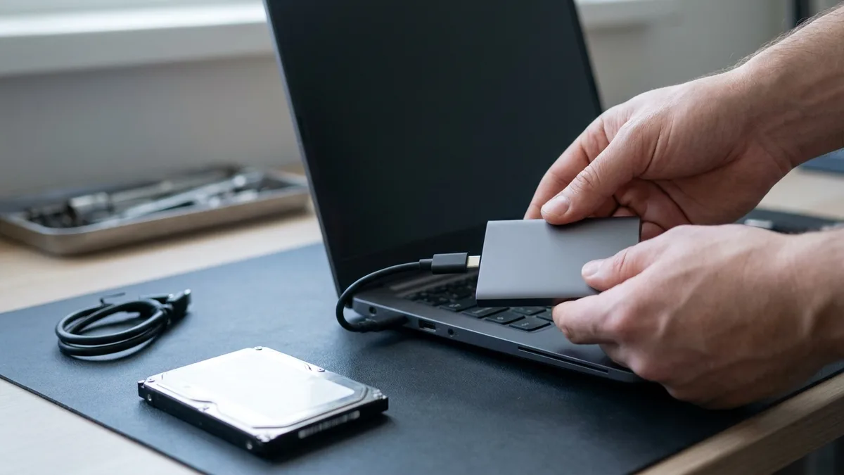 Two hands holding a plain grey portable drive connected by a USB-C cable to an open laptop on a bench mat, with a bare hard drive and a coiled cable beside them
