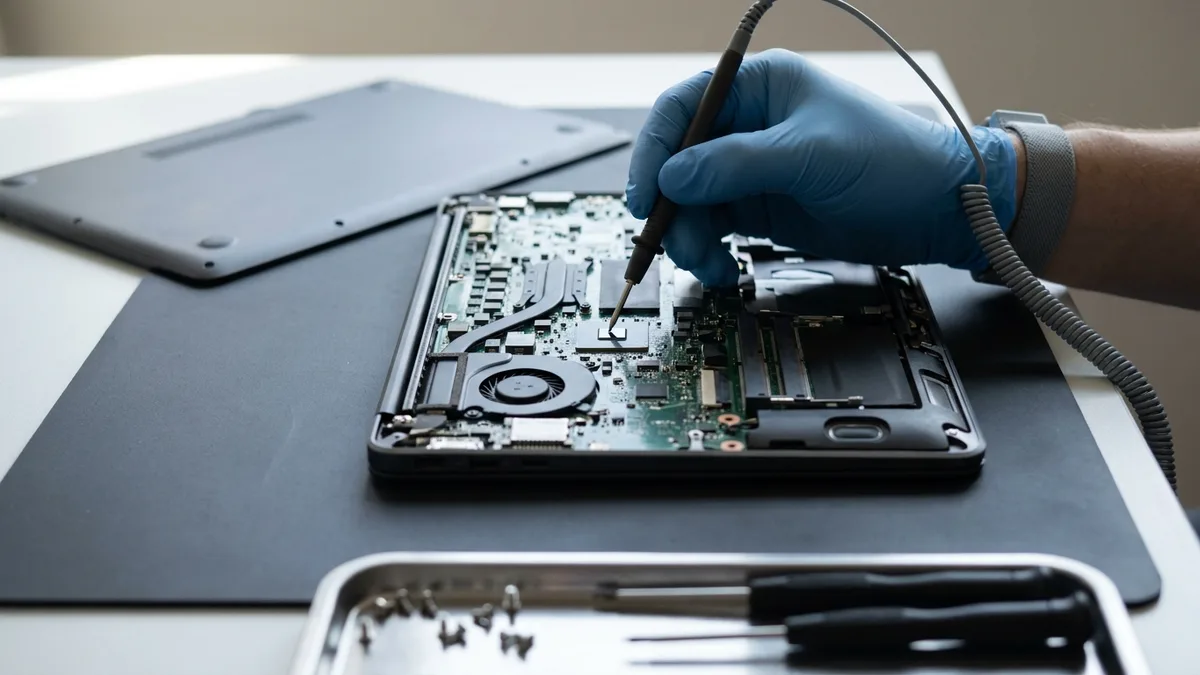 Technician probing an exposed laptop mainboard with the bottom cover removed on a service bench