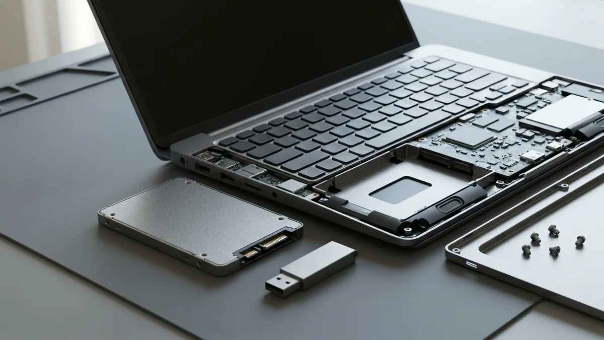 A bare 2.5-inch solid state drive and a small USB flash drive lying on a grey bench mat beside an open laptop whose internals are exposed, its screen dark and the removed bottom panel and four loose screws set to one side.