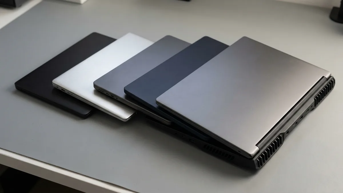 Five closed laptops of noticeably different sizes and thicknesses fanned out in an overlapping row on a grey bench, every lid completely blank and in a different finish, the thickest at the front with deep rear cooling vents.