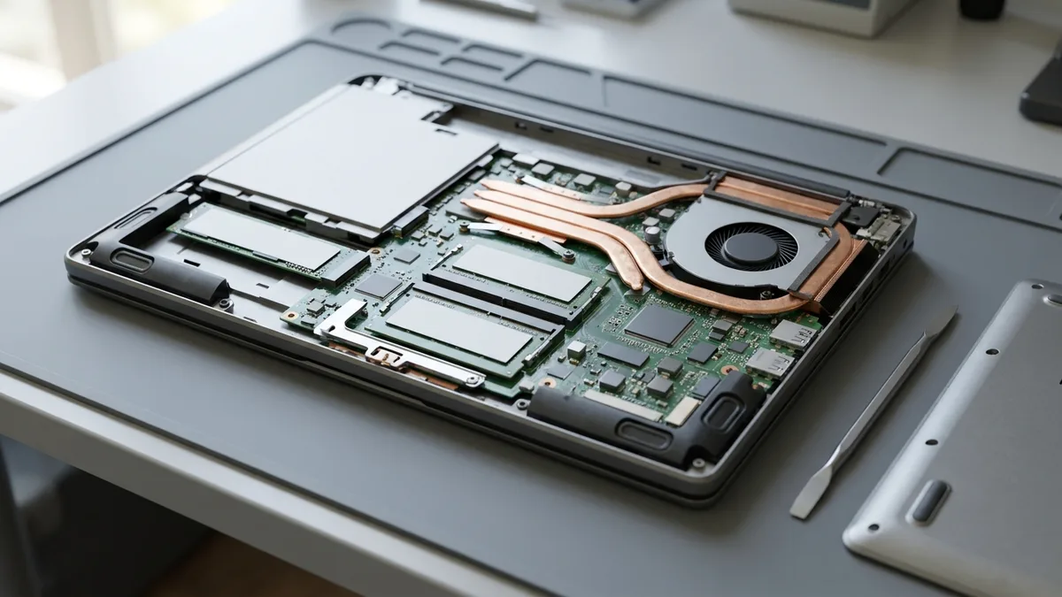 A laptop lying face down on a bench with its bottom panel removed, showing two memory modules under a retaining clip, an M.2 slot, and copper heat pipes running across to a cooling fan, with the removed panel and a steel spudger beside it.