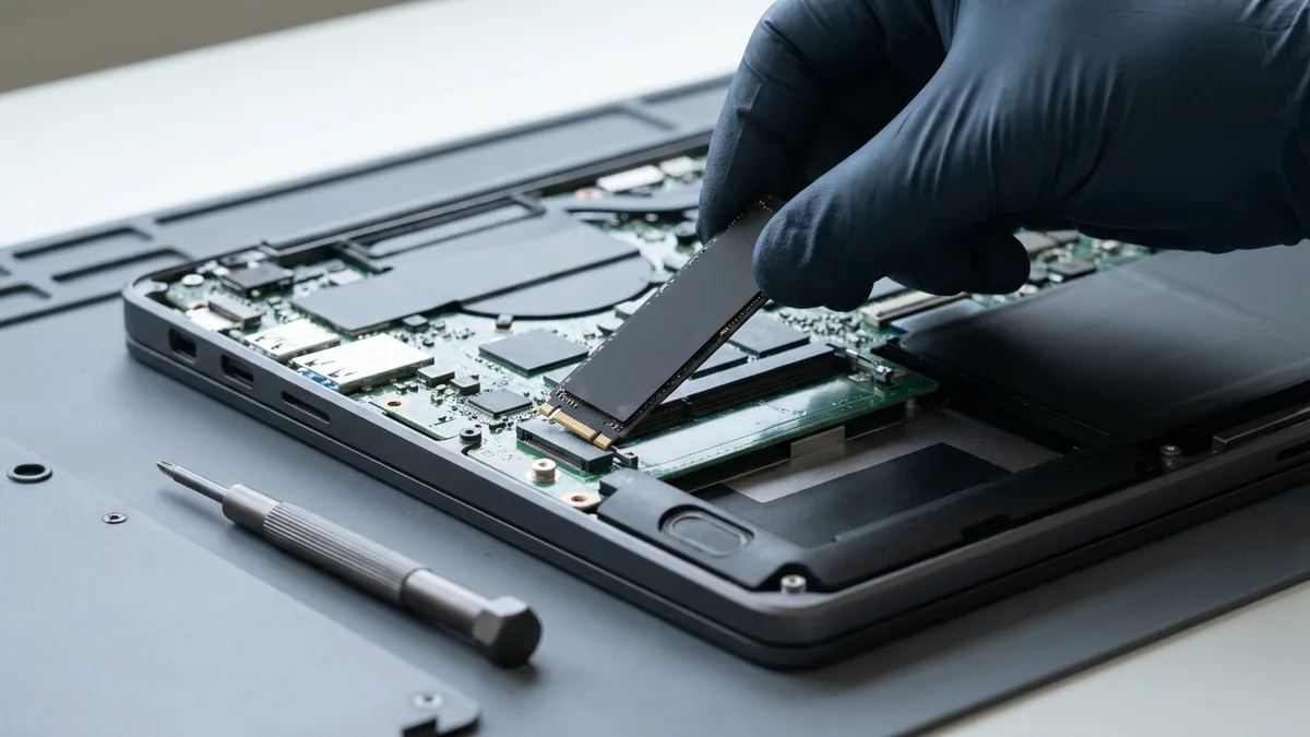 A gloved hand lifting a slim M.2 solid state stick up out of its slot on a laptop mainboard, the empty slot and its small retaining screw visible directly beneath, with a precision screwdriver on the mat alongside.