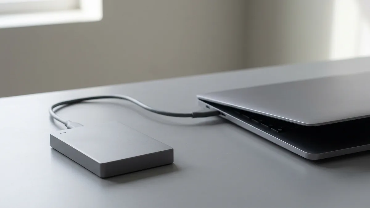 A small portable external hard drive on a grey desk connected by a single plain cable to a laptop beside it.