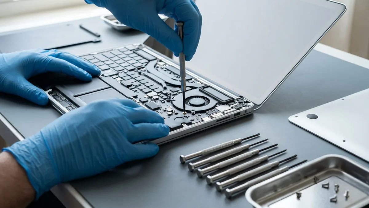 Two blue-gloved hands working inside an opened laptop on a repair bench, one steadying the chassis while the other guides a precision screwdriver toward a screw beside the cooling fan, with six screwdrivers laid out in an even row.