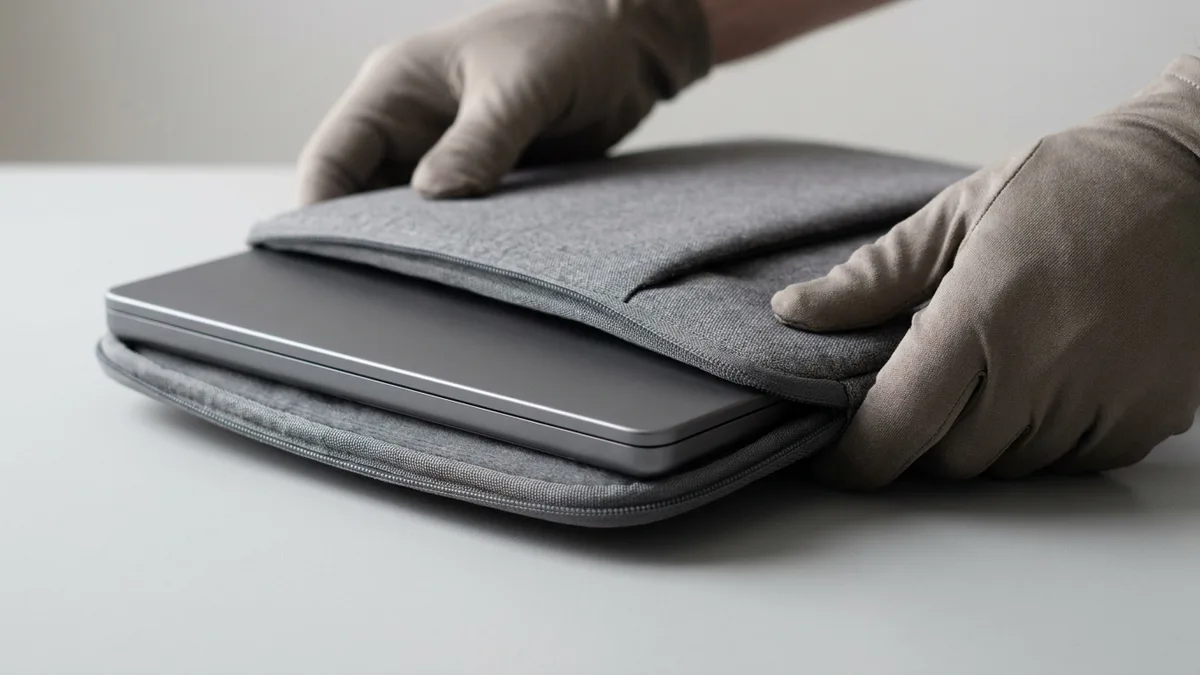 Two gloved hands lowering a closed grey laptop into an open padded fabric sleeve on a plain pale surface, the laptop half inside with its front edge still visible.