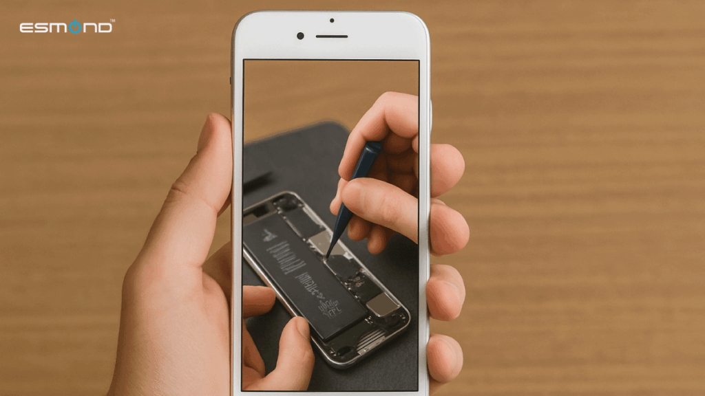 A person holding an iPhone showing a screen repair in progress, representing Apple’s Self Service Repair Program for iPhone and Mac display replacements.
