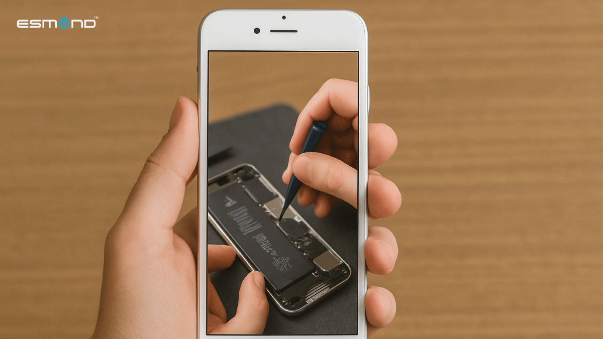 A person holding an iPhone showing a screen repair in progress, representing Apple’s Self Service Repair Program for iPhone and Mac display replacements.