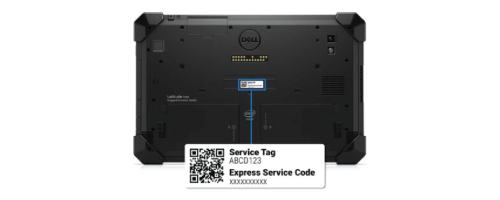 Example showing where to find the Dell laptop Service Tag and Express Service Code under the device
