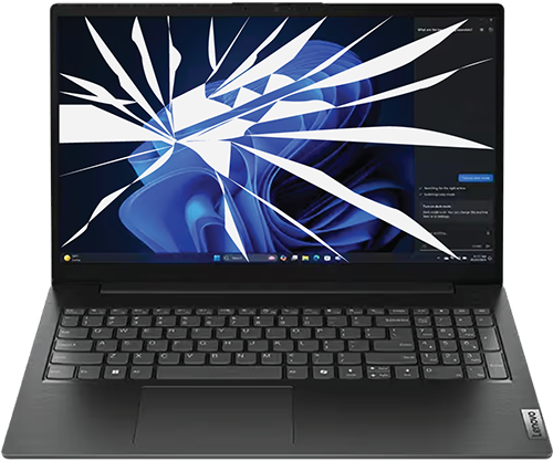 Lenovo laptop with a cracked or shattered screen, requiring professional screen replacement service in Singapore.