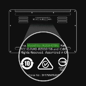Visual guide to locating the Razer laptop model ID (e.g., RZ09 series) printed on the bottom of the unit