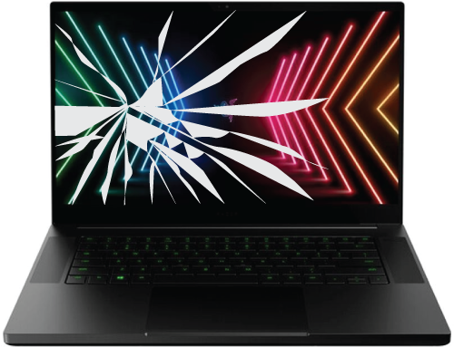 Razer laptop with a visibly cracked or damaged display, prepared for professional screen replacement service in Singapore.
