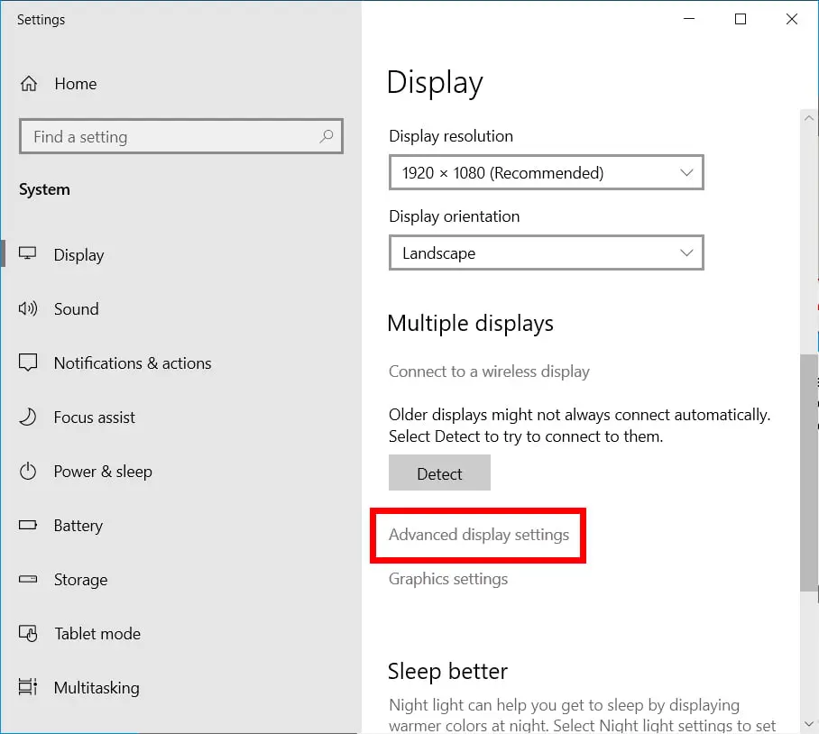 Screenshot highlighting advance display settings