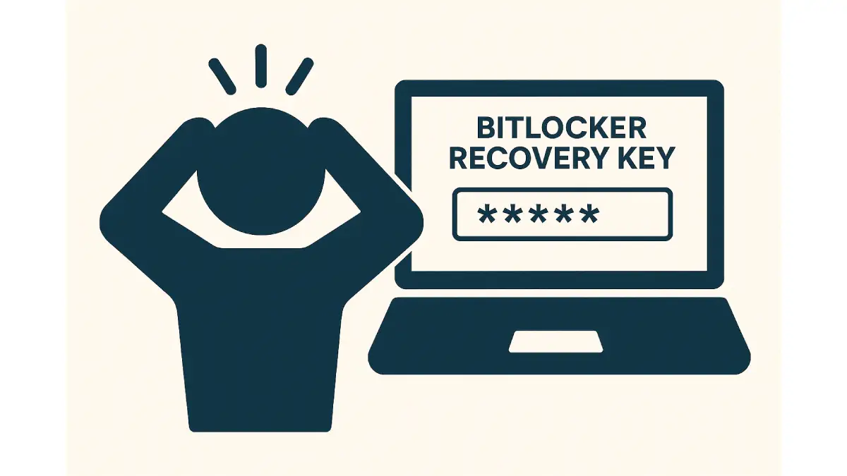 Illustration depicting user troubleshooting BitLocker recovery key issue