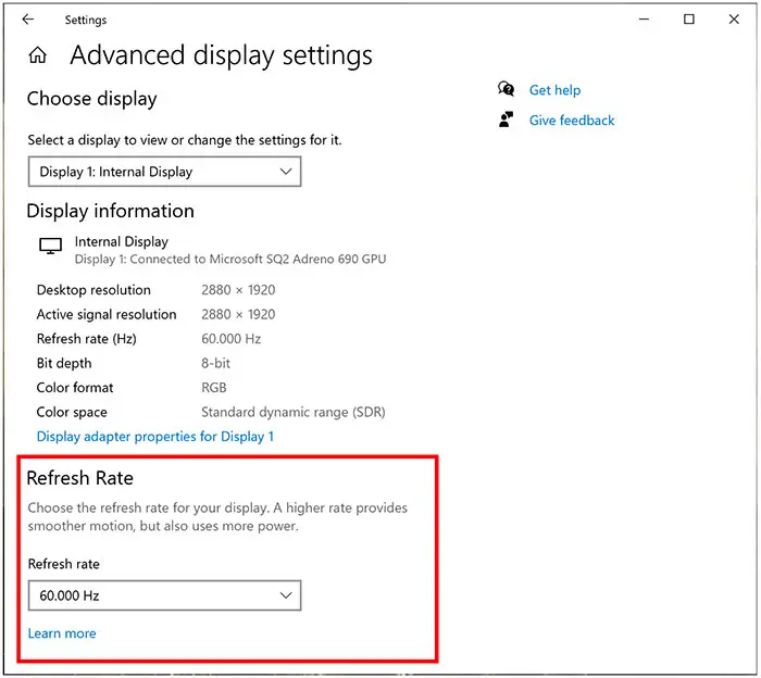 screenshot of where to change refresh rate in windows